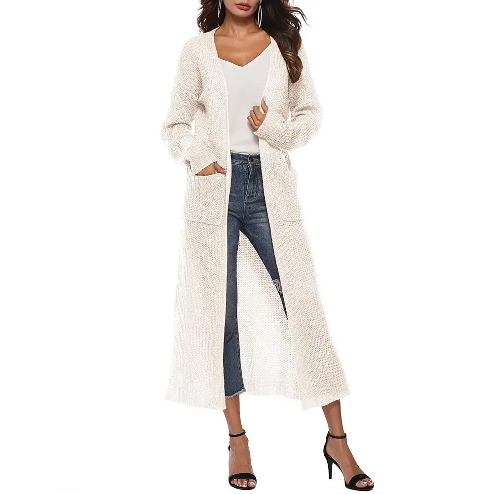 Простая Женская Осенняя шерстяная пряжа с карманами вязаное ажурное длинное