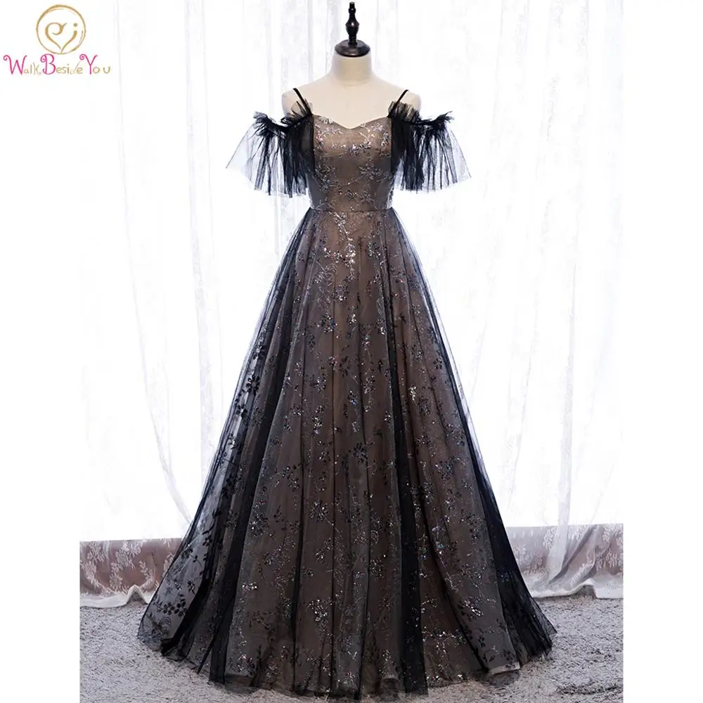 

Walk Beside You Sequined Evening Dresses Long Off Shoulder Sweetheart Spaghetti Strap 2020 Black Floor Length Sleeveless Prom