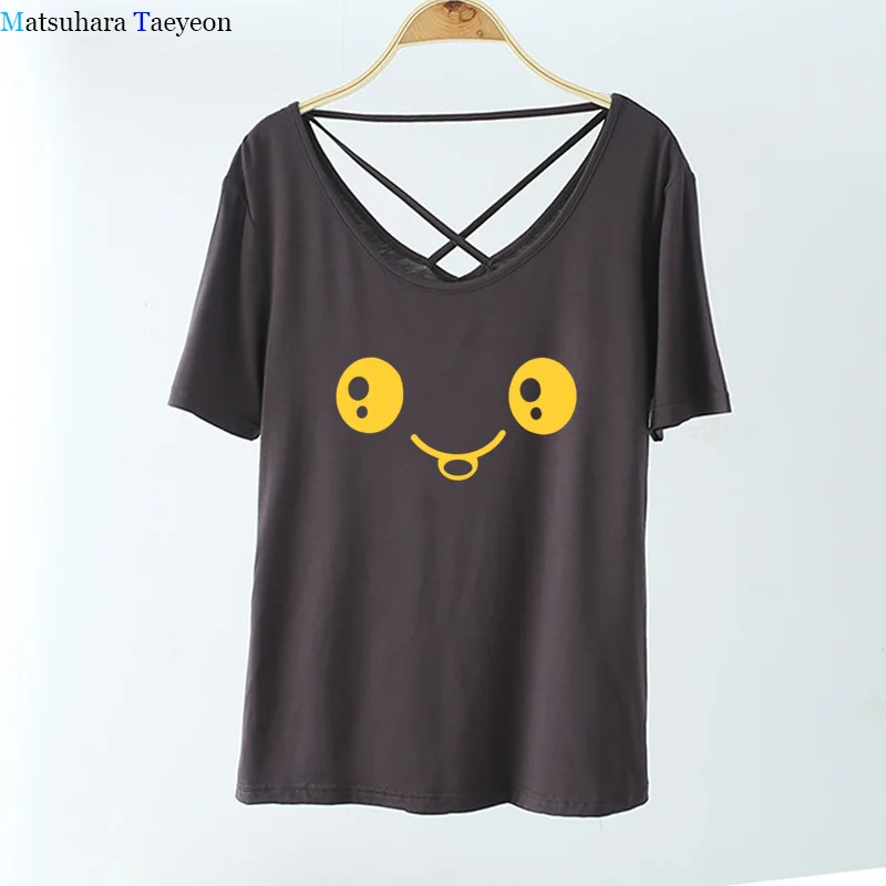 

Happy Smile Printing Tshirt Women Summer Fashion Casual Tops Women 2020 Back Hollow Out Slim T Shirt Femme