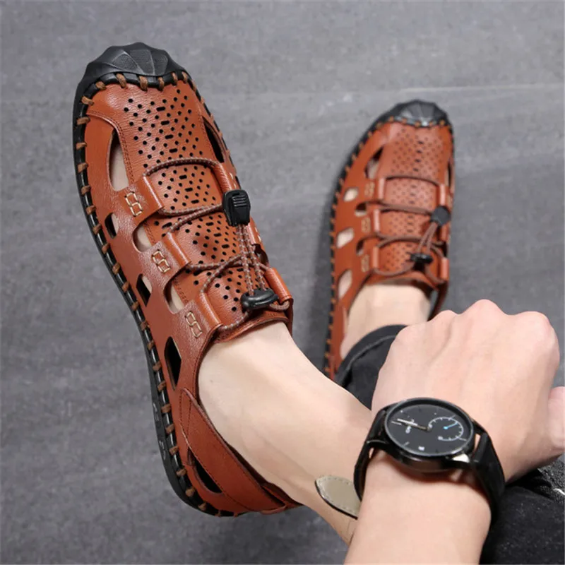 

Brand Summer Leather Hollow Out Men's Gladiator Sandals Business Casual Shoes Outdoor Beach Wading Slippers Big Size 38-44 Shoes