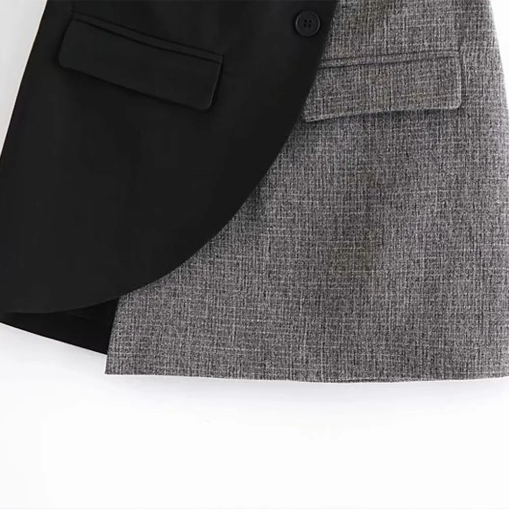

European and American women's fashion versatile color contrast stitching two button mini skirt elastic high waist slim skirt
