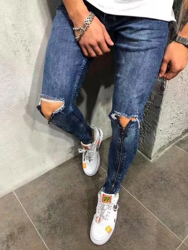 

2020 Men's Jeans Skinny Hip Hop Cool Streetwear Hole Ripped Knee Zipper Jeans Slim Mens Clothes Pencil Homme Denim Pencil Pants