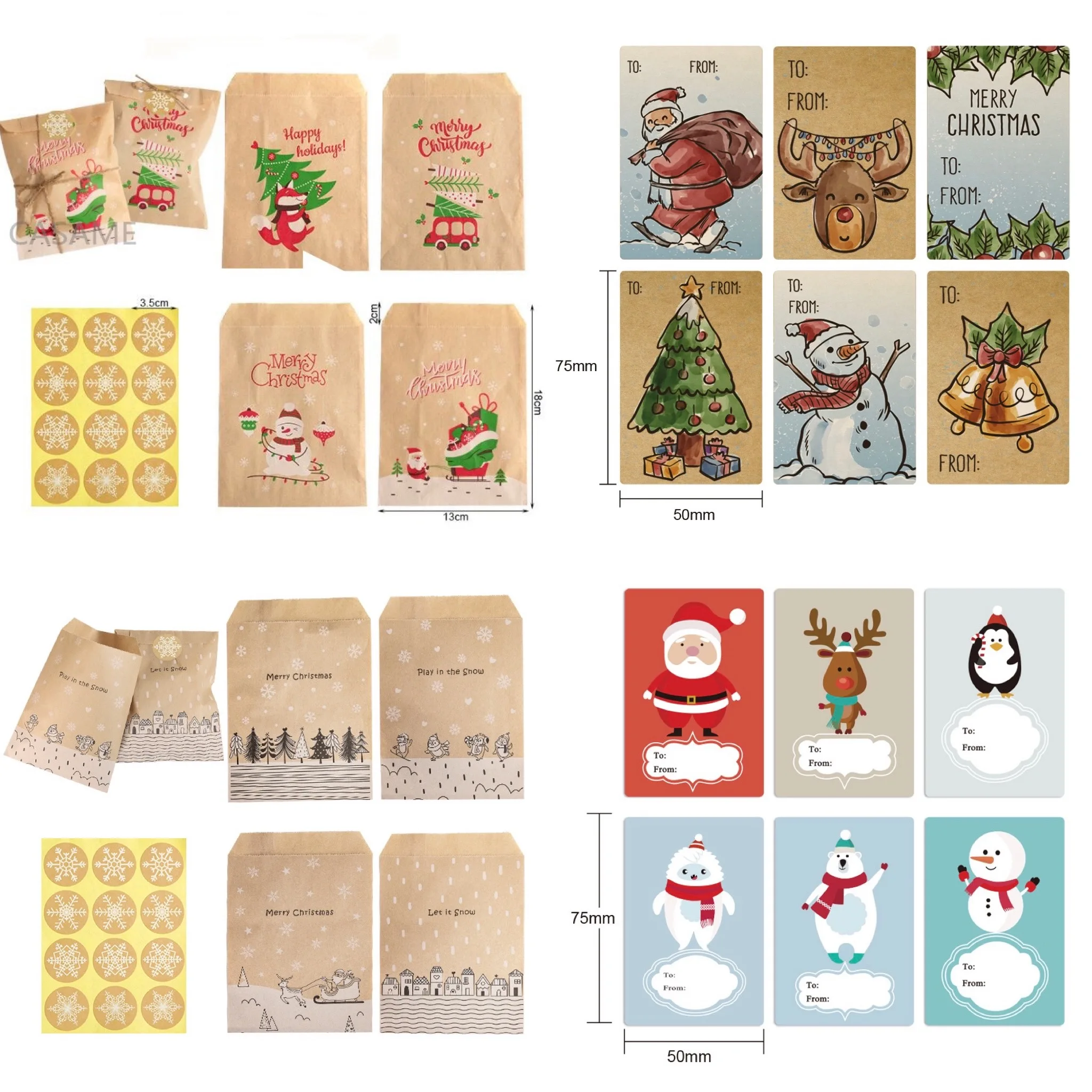 Santa Claus Snowman Christmas Gift Kraft Paper Biscuit Candy Bags Gift Packing Pouch Party Dessert Bar Bag Snack Cookie stickers