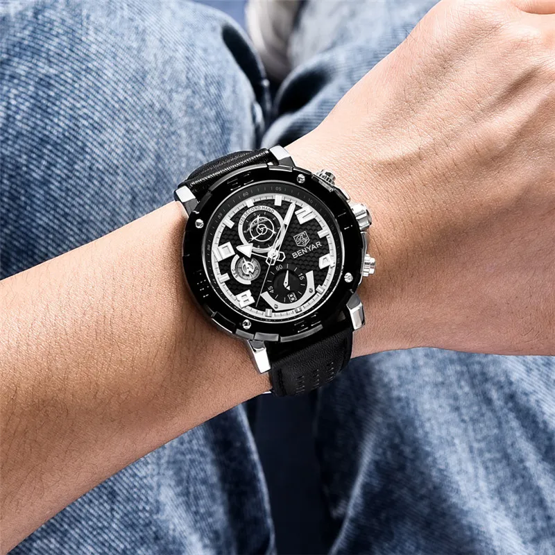 Часы-хронограф мужские водонепроницаемые из натуральной кожи | Наручные часы