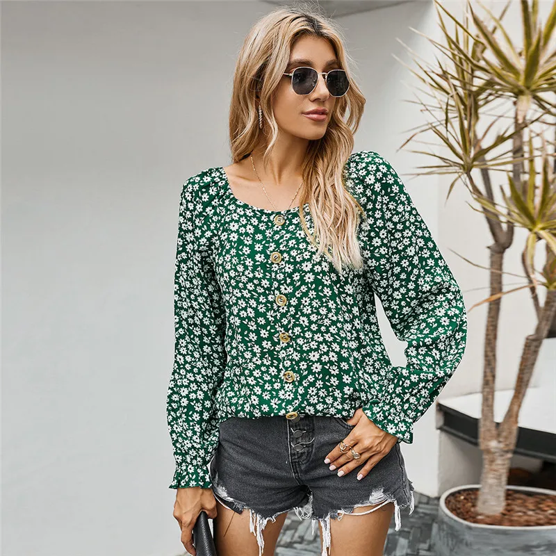 

Sweet Floral Pullovers Women Casual Square Collar Full Sleeve Single Autumn Winter Print Top