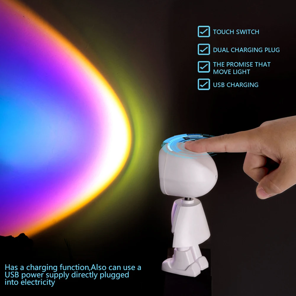 

2021 NEW Robot Rainbow Sunset Projector Lamp Led Night Light Bedroom Atmosphere Floor Lamp Background Wall Decoration