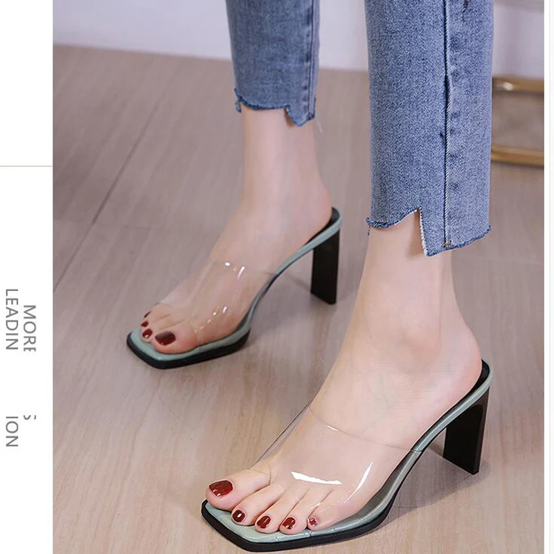 

2020 Casual Jelly Slides High Heels Mules Fetish Summer Flip Flops Jelly Sandals Low Heels Slippers transparent Sandles LJB147