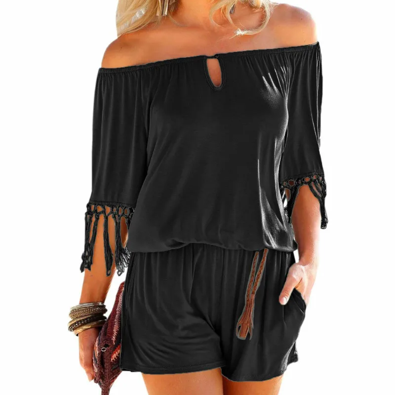 Женский пляжный комбинезон с вырезом лодочкой и бахромой| |