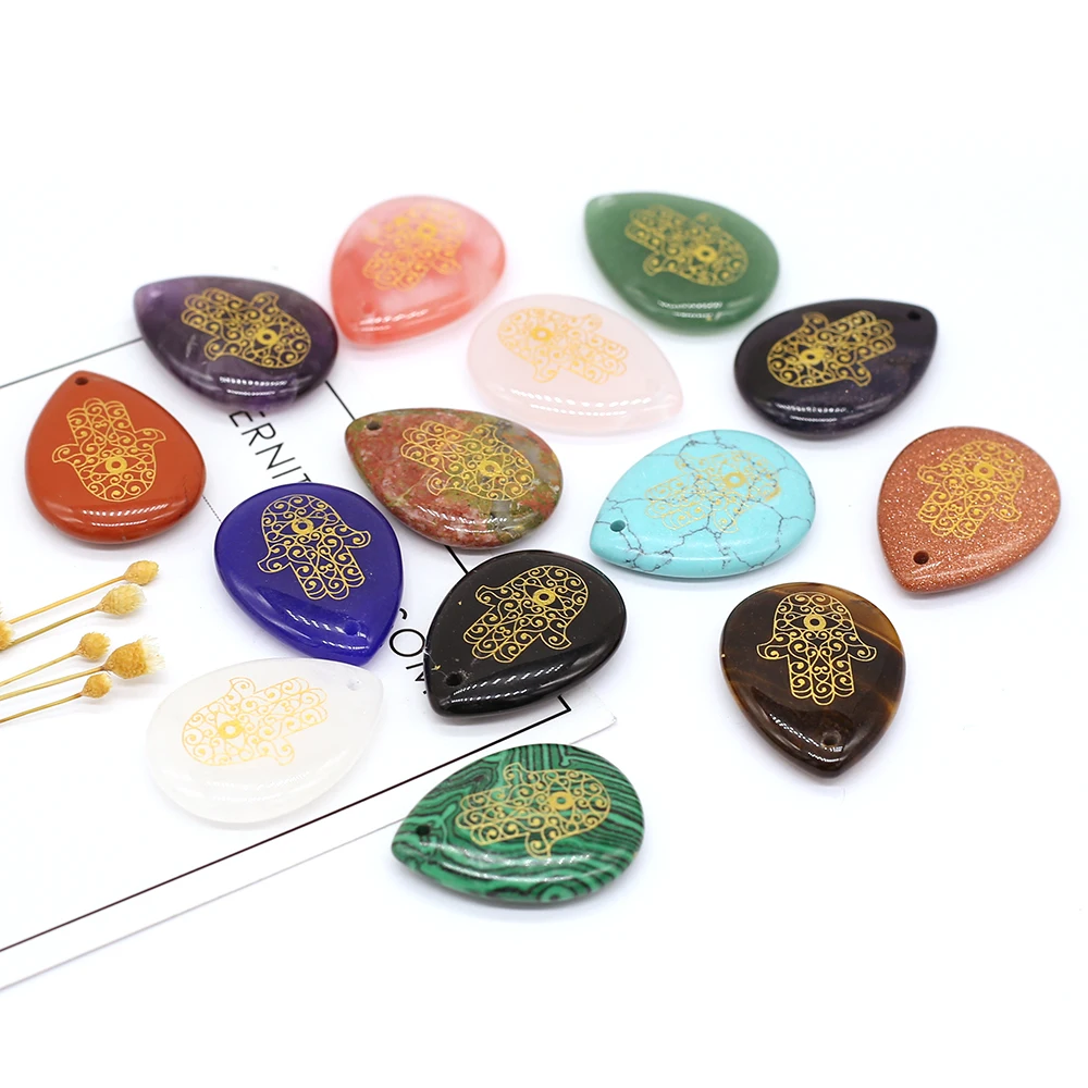 

Natural Water Drop Shape Agate Palm Amethysts Gold Sand Clear Quartzs Stone Charms Pendants for Diy Jewelry Making Size 32x25mm
