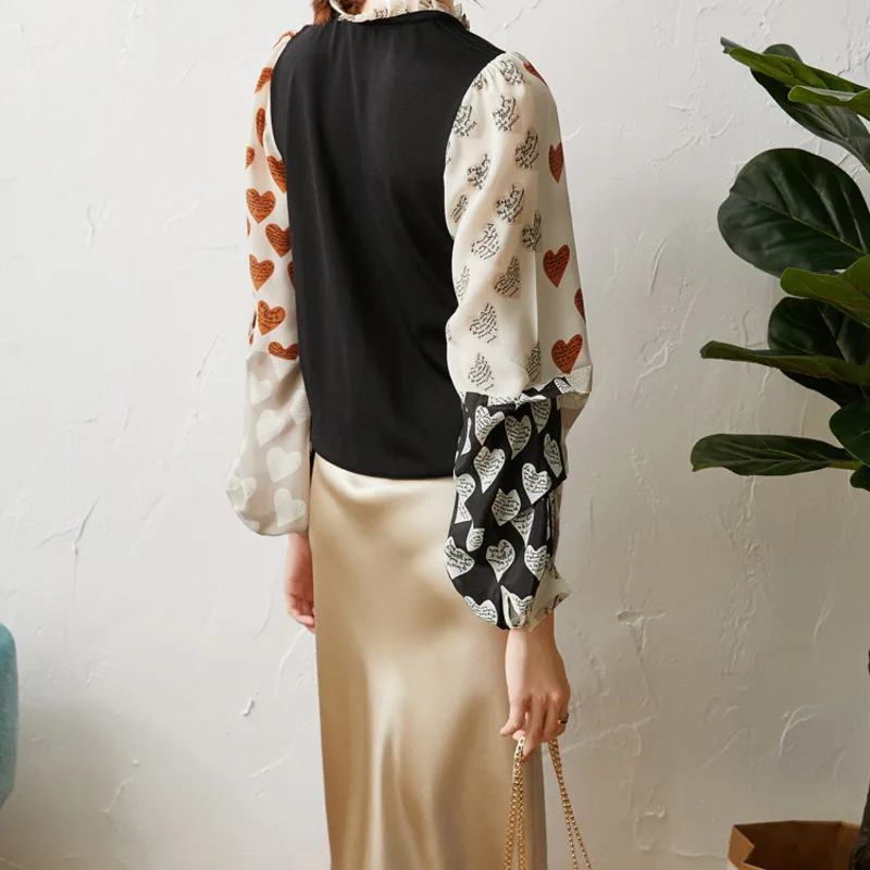 

New Lantern Sleeve printed silk splicing ice silk knitwear women s top spring 2020 long sleeve