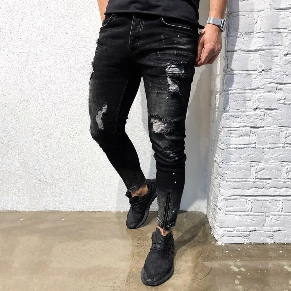 Mens Jeans Skinny Stretch Denim Pants Distressed Ripped Freyed Slim Fit Trousers Hole Hip Hop джинсы | Мужская одежда
