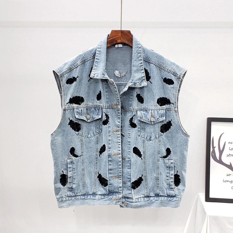 Корейский Летний жилет с вышивкой перьями женский джинсовый винтажный потертый