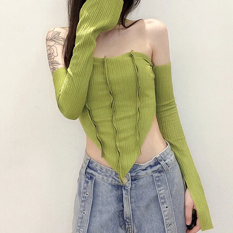 

Sexy Off Shoulder Crop Tops Women Solid Color Long Sleeve Halter Neck Backless Irregular Ruched Slim Chic Streetwear T-shirts