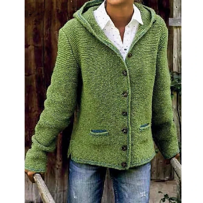 

Vintage Knitted Sweaters Women Plus Size Hooded Cardigans Double Pocket Single Breasted Sweater Lugentolo