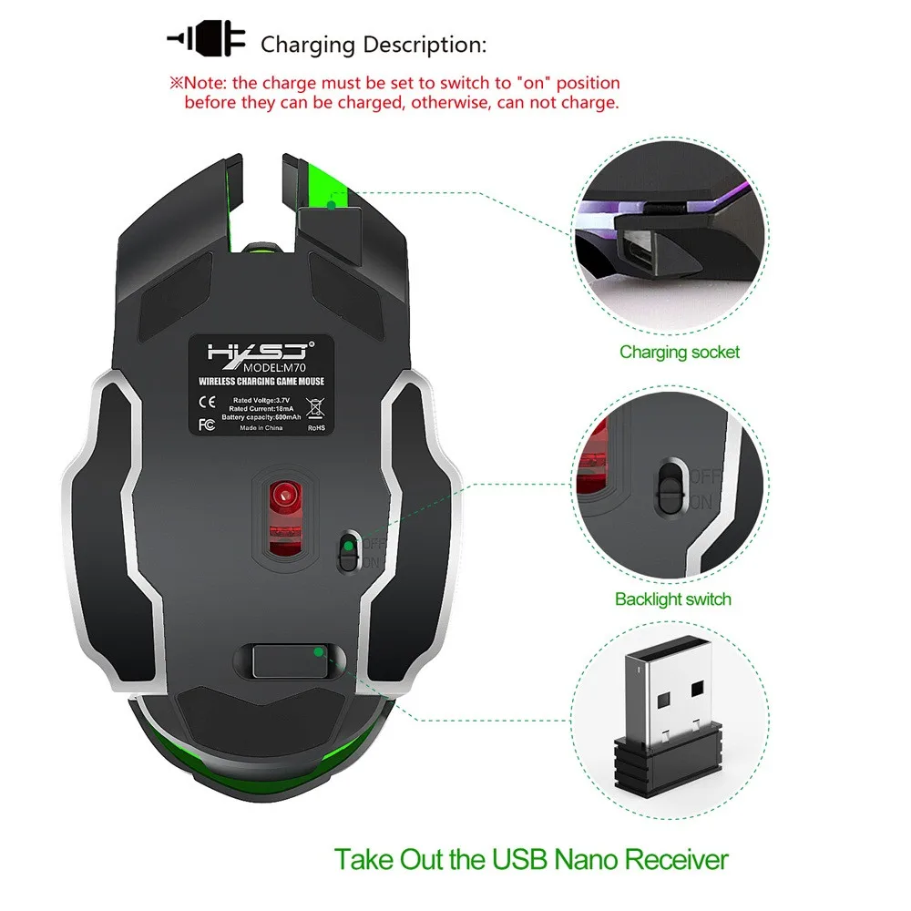 OMESHIN перезаряжаемая Беспроводная игровая мышь 2400DPI 2 4G 6 кнопок 7 цветов