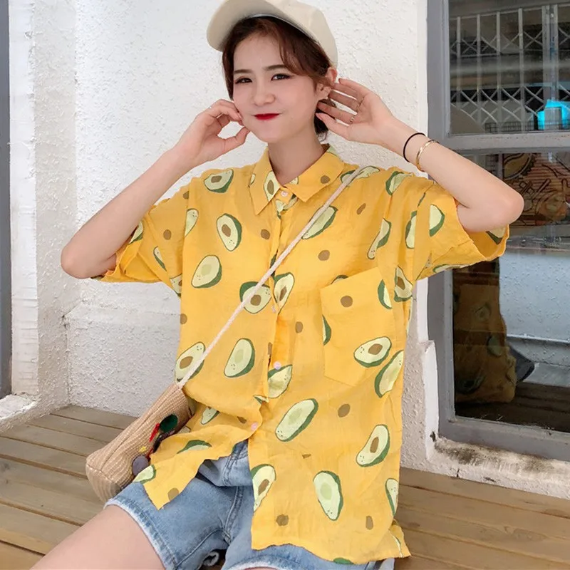 

Casual Short Sleeve Loose Blouse Women Print Turn-down Collar Shirt Girls Summer Cute Shirt