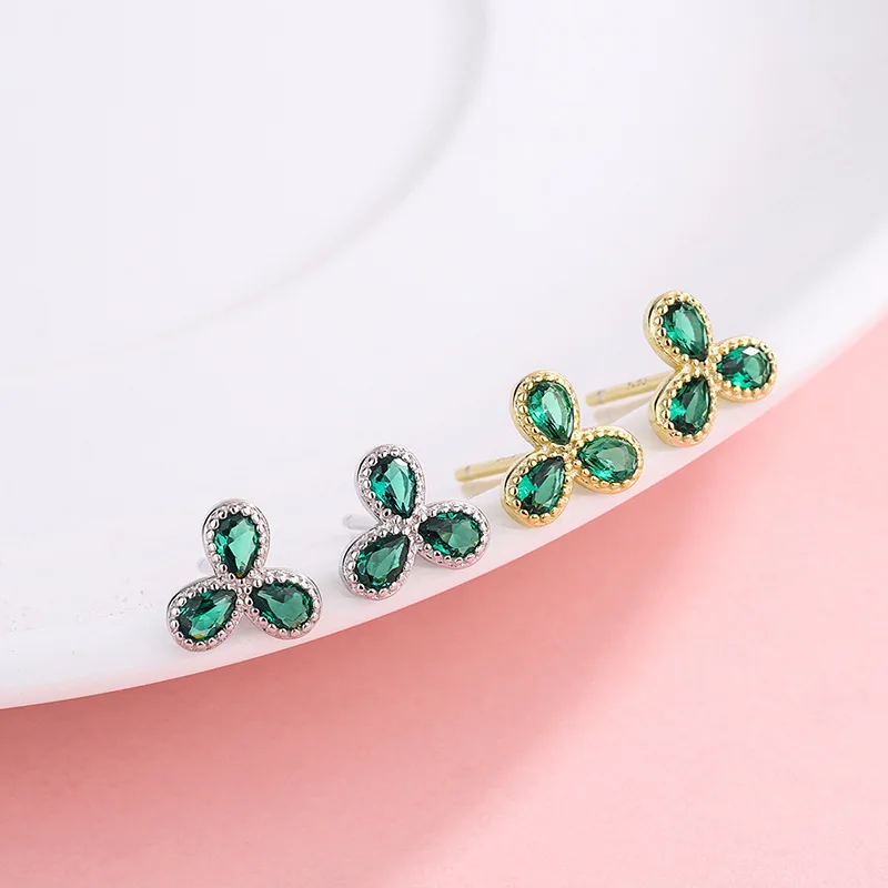 

S925 Sterling Silver Korean Three-Leaf Flower Elegant Stud Earrings for Women's Fashion Emerald Earrings Vintage Fine Jewelry