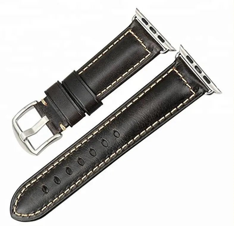 black with silver Коровья кожа, воск, натуральная кожа, ремешок для часов Apple watch, 42 мм, 38 мм, серия 4-1, iwatch 4, 44 мм, 40 мм, Ремешки для наручных часов, браслет для часов - Цвет ремешка: black with silver