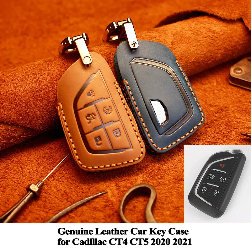 

1pc New Styling Genuine Leather Car Key Case Cover Key Shell Protector Organizer Car Accessories for Cadillac CT4 CT5 2020 2021