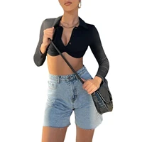 2021 new women casual long sleeve t shirt fashion solid color button lapel exposed navel tops