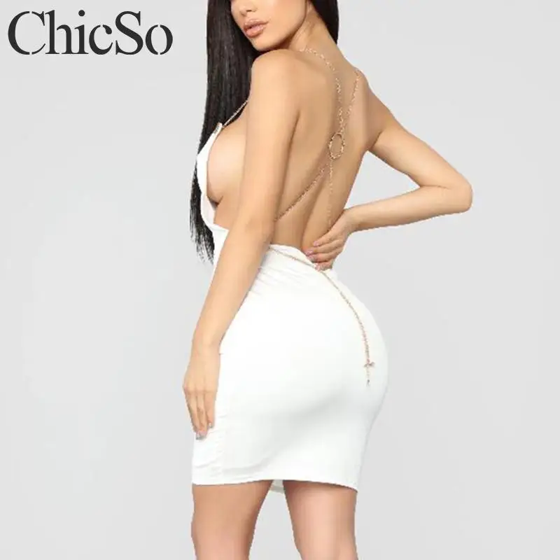 MissyChilli сатиновое элегантное белое платье с открытой спиной для женщин цепочкой