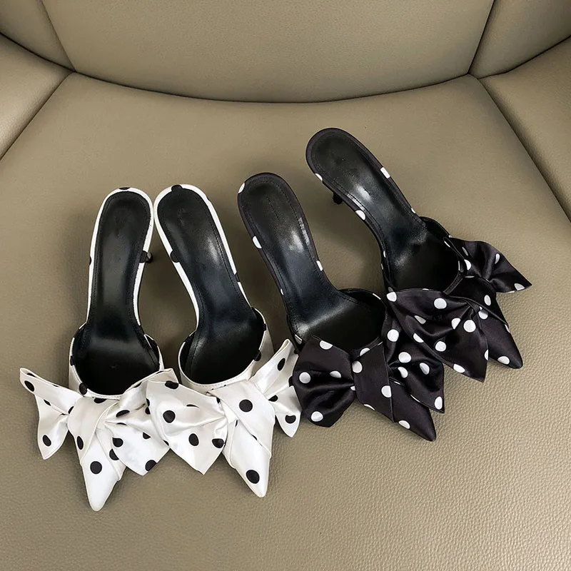 Шлепанцы женские с бантом роскошные сланцы высокий каблук пикантная кожаная