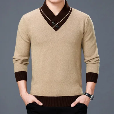 DIMUSI осенне-зимний мужской свитер Повседневный Однотонный свитер с высоким воротником мужской двойной воротник тонкий прилегающий вязаный пуловер Одежда - Цвет: Khaki
