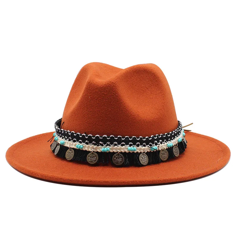 Seioum Unisex Panama Wool Felt Fedora Hats Decoration Fashion Flat Brim Jazz Formal Top Hat Bowler Hat Derby for Men Women