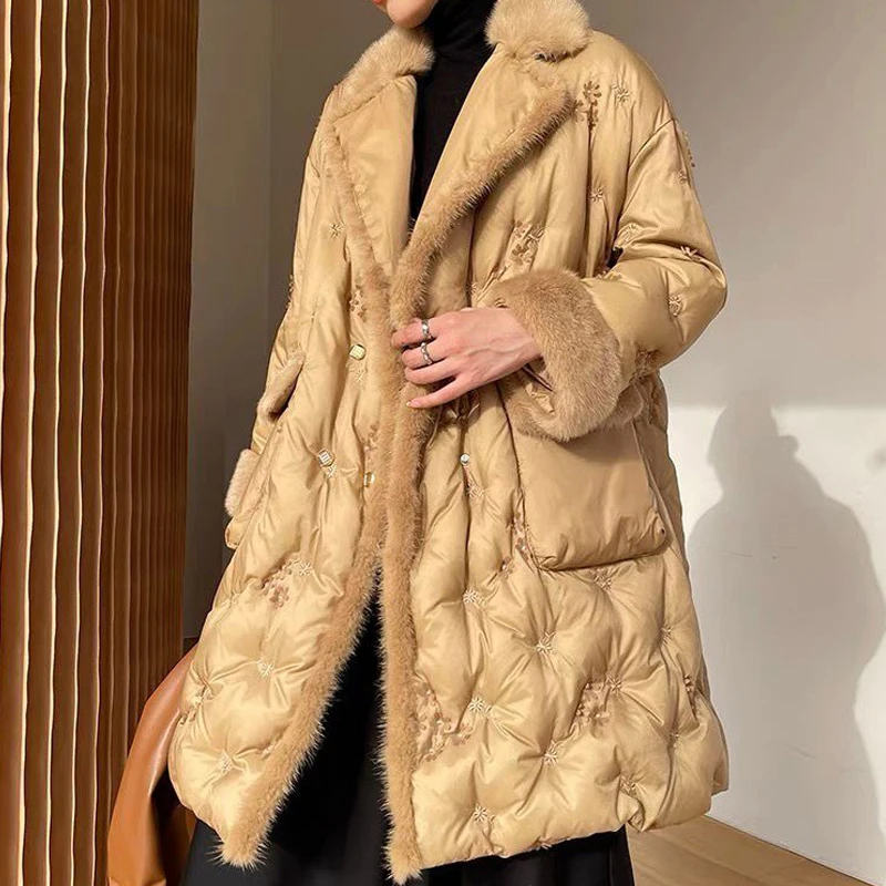 

2021 Winter New High-end Goose Down Jacket with Flower Women Long Thick Warm Mink Fur Collar Coat with Embroidery