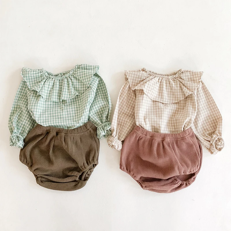 

Infant Baby Girls Grid Long Sleeve Top + Bread Pants Clothing Sets New 2020 Spring Autumn Kids Girl Suit Clothes