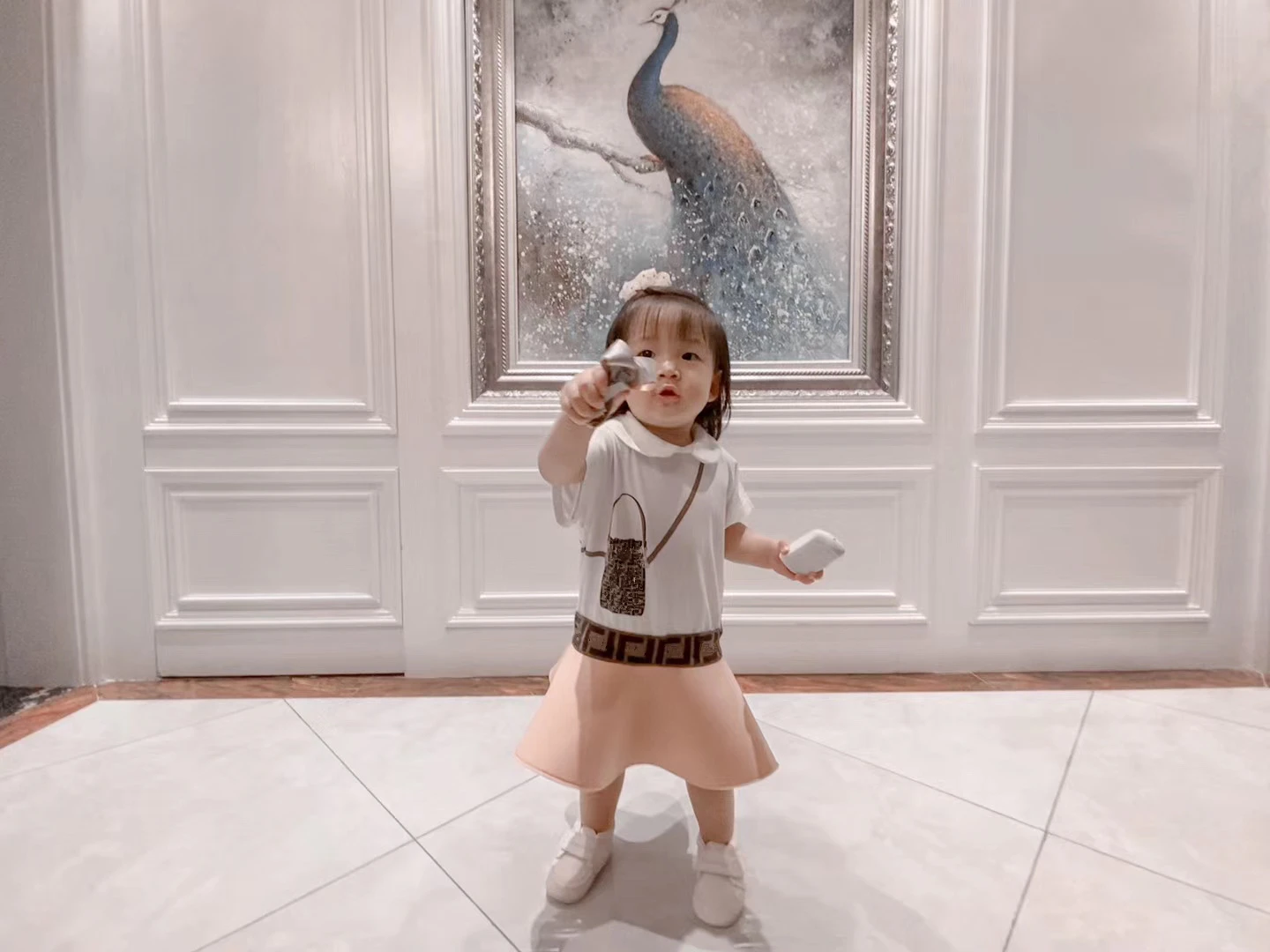 

2021 summer new girls' fake satchel print splicing Pink Baby collar dress lovely lady academy style children's Birthday Dress