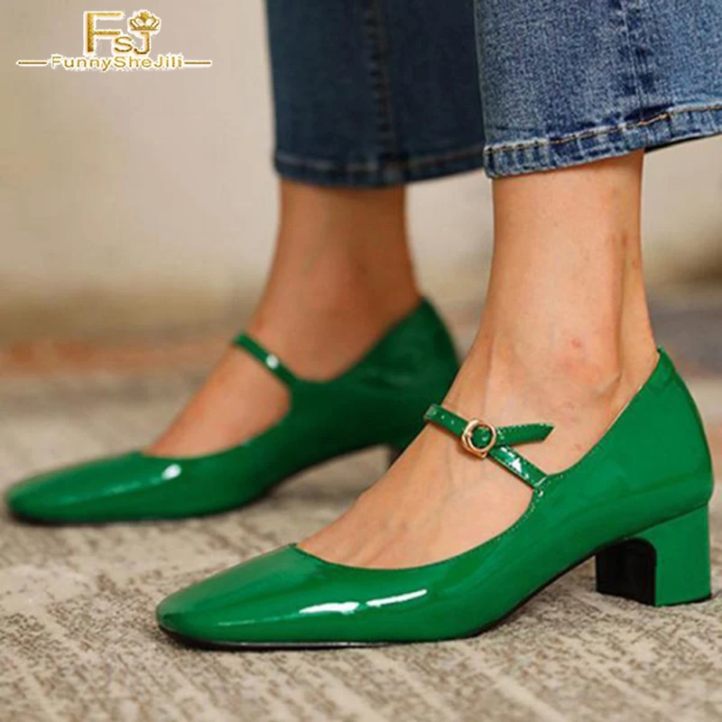

FSJ Vintage Green Square Toe Women's Mary Janes Chunky Heel Leather Buckle Strap Date Office Comfy Ladies Pumps 2021 Autumn Red