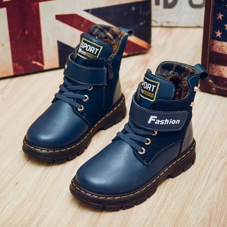 Autumn Winter Kids Boots for Boys Shoes Fashion Mid-Calf Snow Boots Genuine Leather Plush Warm Waterproof Children Martin Boots