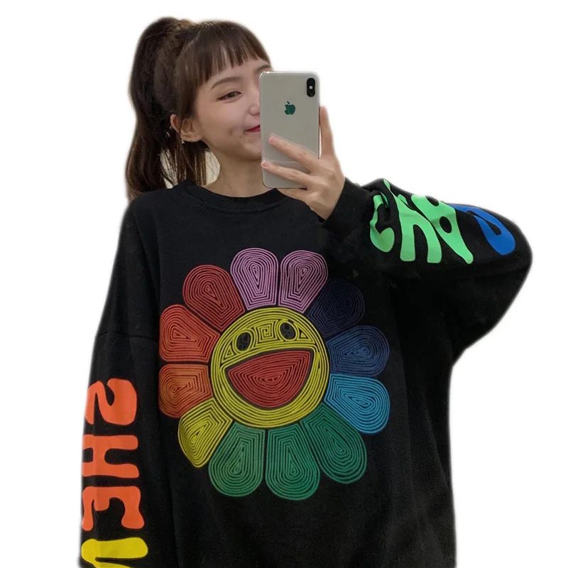 

2021 Women Harajuku Hoodie Color Hooded Tops Lady O Neck Sweatshirt Long-Sleeved Winter Thickening Coat Streetwear cow print