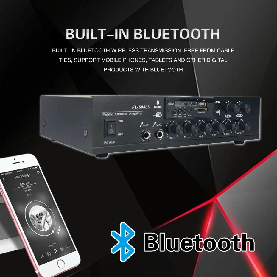 FL-5080U 80 Вт 2 зоны усилитель bluetooth усилитель мощности мини-усилитель звука bluetooth система общественного адреса