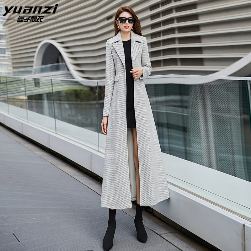 Женское шерстяное пальто в синюю клетку светильник зима 2019 модное длинное с