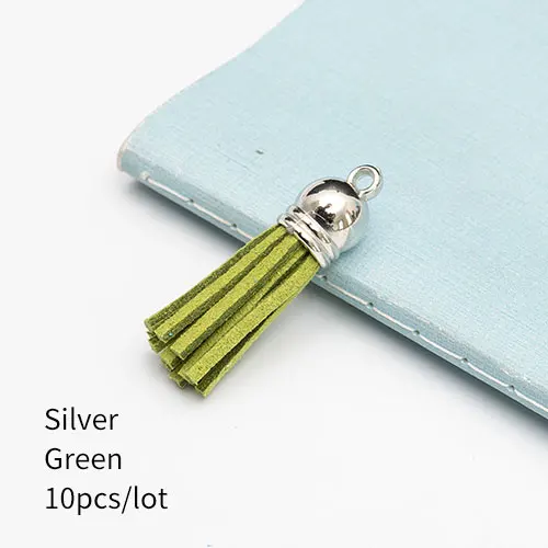 Silver green 10 штук 35 мм кожаные подвески с кисточками из искусственной замши с шапками для брелоков, ремешки для ключей, аксессуары для самостоятельного изготовления, многоцветные - Цвет: Silver green