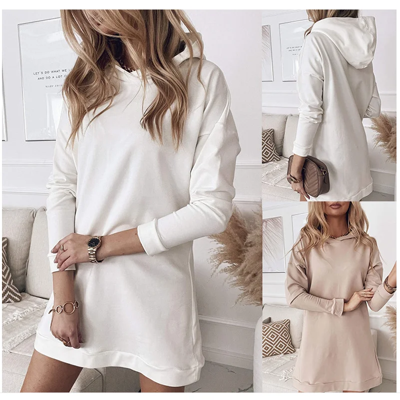 2022  Autumn Fashion New Product Mid-length Hooded Solid Color Casual Long-sleeved New  Sweater Women's Top