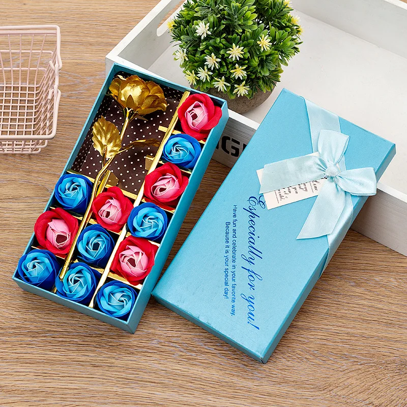 blue 12 шт./компл. 24K Золотая Роза Мыло с изображением ярких золотых цветов Розы Подарочная коробка для подруги практические креативные романтические золото Фольга Роза подарок на день рождения - Цвет: blue