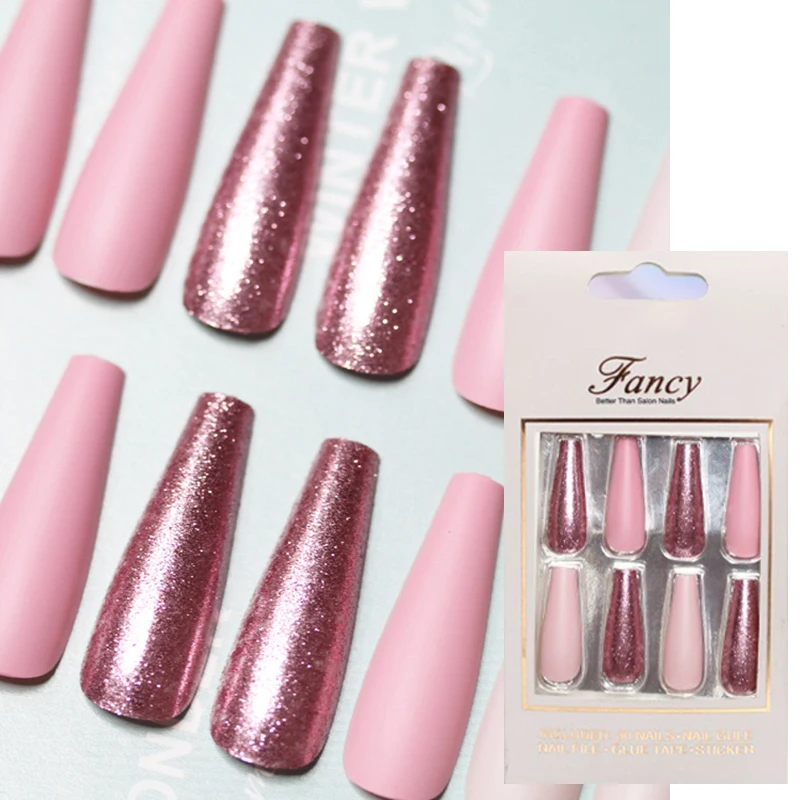 

30 шт./корт. Розовые розовые золотые блестящие длинные гробные накладные ногти съемные градиентные матовые фиолетовые блестки покрытие накл...