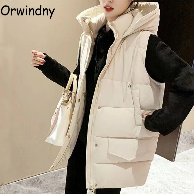 

Orwindny Winter Warm Vest Women Fashion Loose Hooded Waistcoat Snow Wear Thicken Cotton Padded Jacket Coat Sleeveless Solid Tops