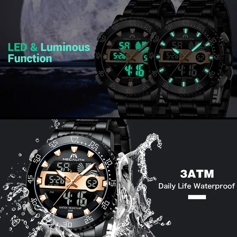 Цена оптовой продажи мегалитическая Нержавеющая сталь Черный Мужские часы