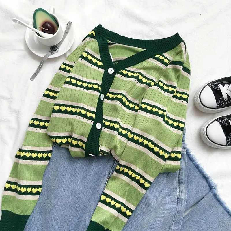 

2021 new early autumn new knitted cardigan coat women's fashion v collar avocado green long sleeve