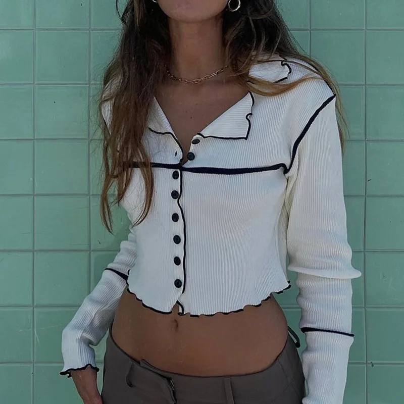

Autumn Winter 2021 Crop Top Women White Casual Y2K Elegant Long Sleeve T Shirts Sexy Ladies Fashion Vintage Patchwork