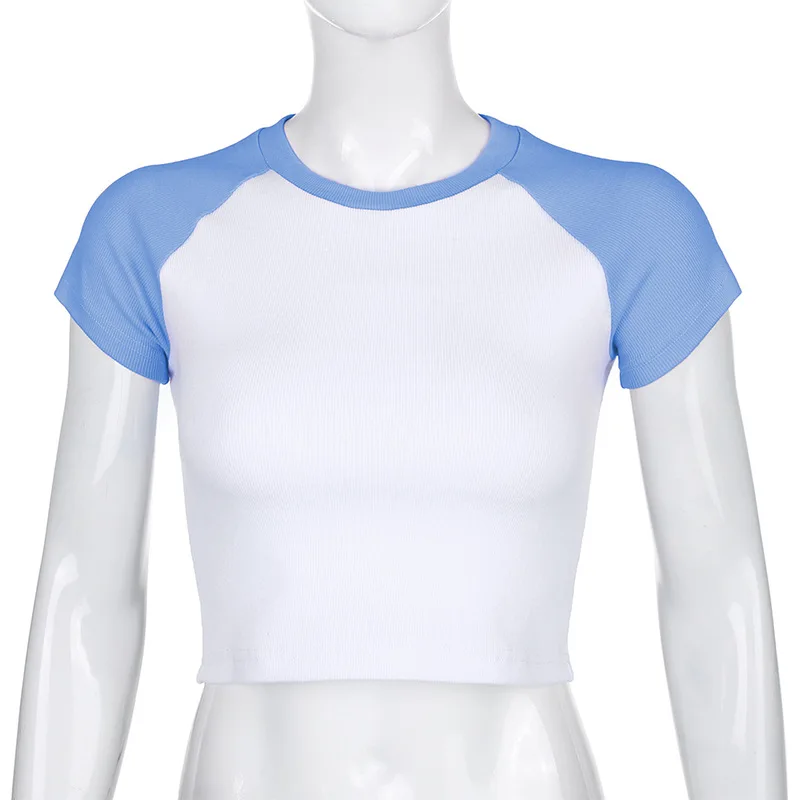 

Women's Casual Basic Tee Shirts Summer Streetwear Sexy Crop Top Short Sleeve Crew Neck Color Hit Slim