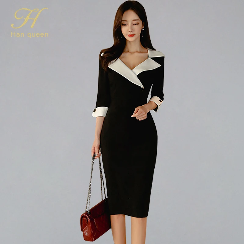 

H Han Queen Women New Notched Neck Black Sheath Pencil Dress Fashion Slim Sexy OL Work Bodycon Dresses Office Business Vestidos