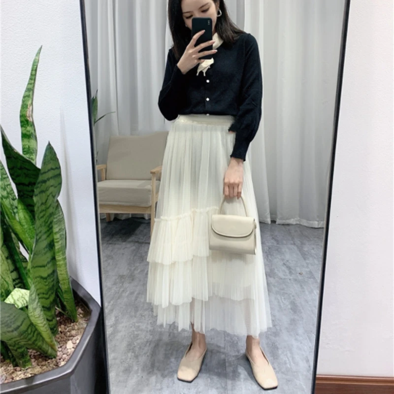 

2021 Autumn New Simple Pure Color Sweet Cake Skirt Elastic High Waist Slim Casual Loose Women A-line Long Skirt Free Shipping