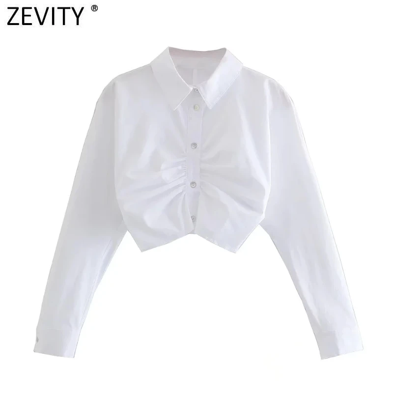 

Zevity Women Simply Solid Pleats Design Short Smock Blouse Ladies Casual White Poplin Shirt Chic Blusas Feminas Crop Tops LS9804