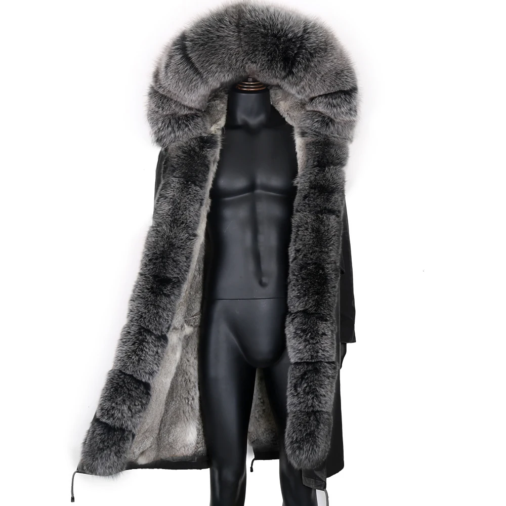 Winter X-Long New Gray Natural Real Fox Fur Jacket Coats Men Fashion Real Fur Coat Long Parkas Winter Black Parka Removable