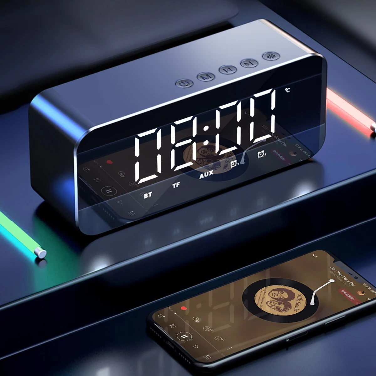 

Mini Wireless Bluetooth Speaker Small Alarm Clock Portable Bass Music Fm Radio Digital Watch LED Electronic Desktop Clock